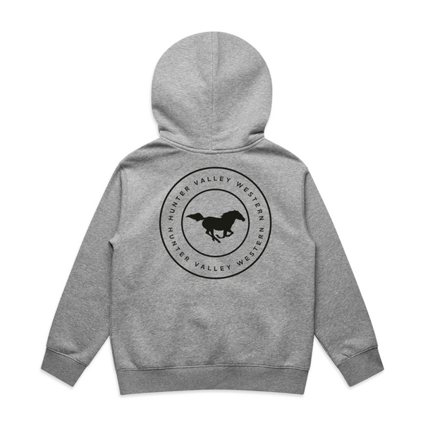 Hunter Valley Western Youth Hoodie Jumper - Grey with black logo.