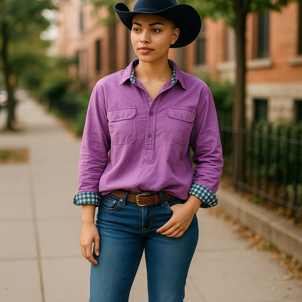 work shirt
country clothes
clothing
work wear
fashion
ladies top
cotton top
100% cotton 