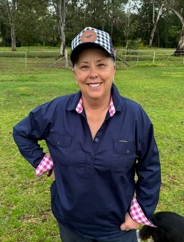 Ladies Hunter Valley Western navy, half placket, cotton shirt.