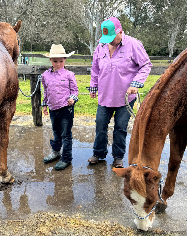 Ladies Hunter Valley Western, mauve 1/2 placket, cotton shirt.